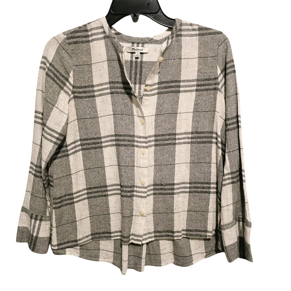 Madewell Womens XS Grey White Plaid Collarless Button Down High Low Top